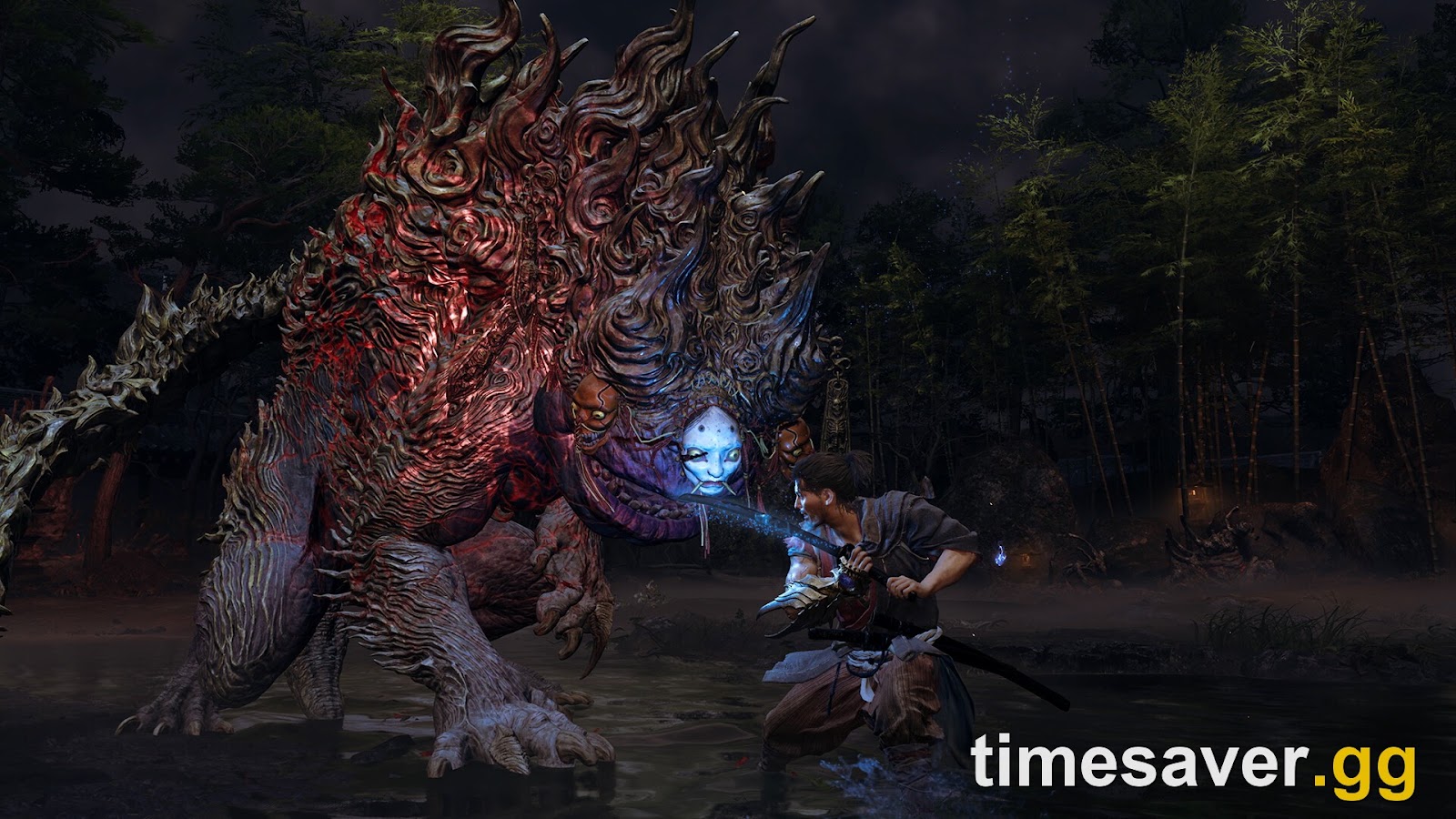 Musashi faces a colossal Genma over water at night — a large-geometry scene that stresses both GPU and CPU in Onimusha: Way of the Sword