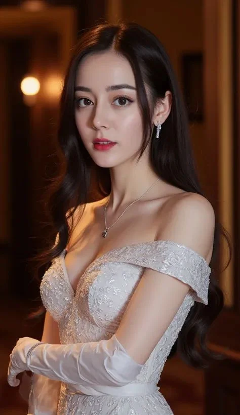 Retrato de una mujer con un vestido de novia blanco con escote Bardot y detalles de encaje.