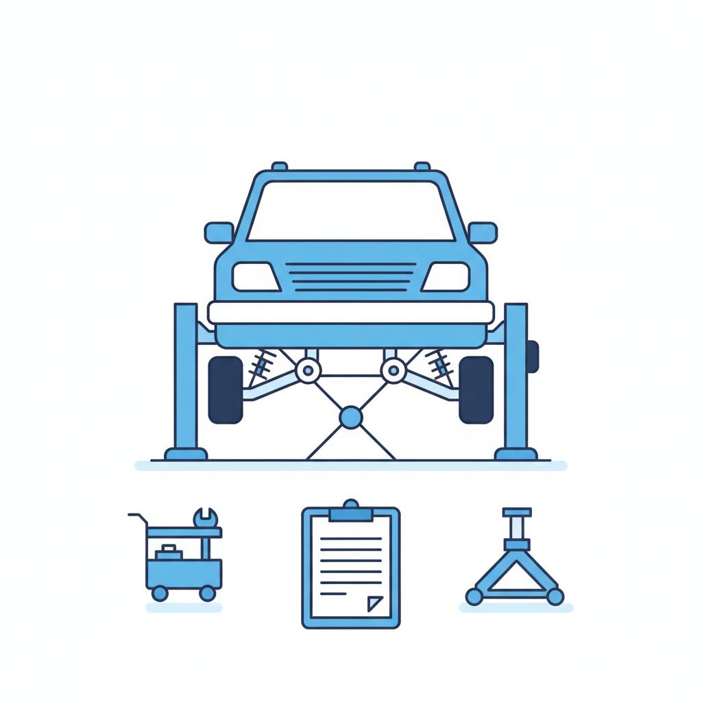 Minimalist 2D vector of an SUV on a lift focused on visible suspension components with a blank clipboard in foreground no people suv for sale near me