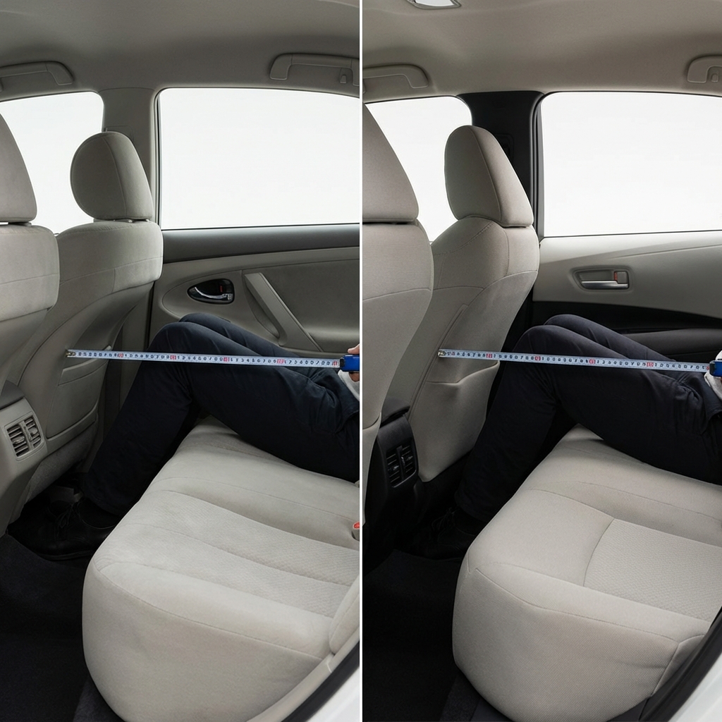 Side by side rear seat legroom comparison of Toyota Camry and Toyota Corolla with measuring tape highlighting gap in neutral upholstery toyota corolla for sale