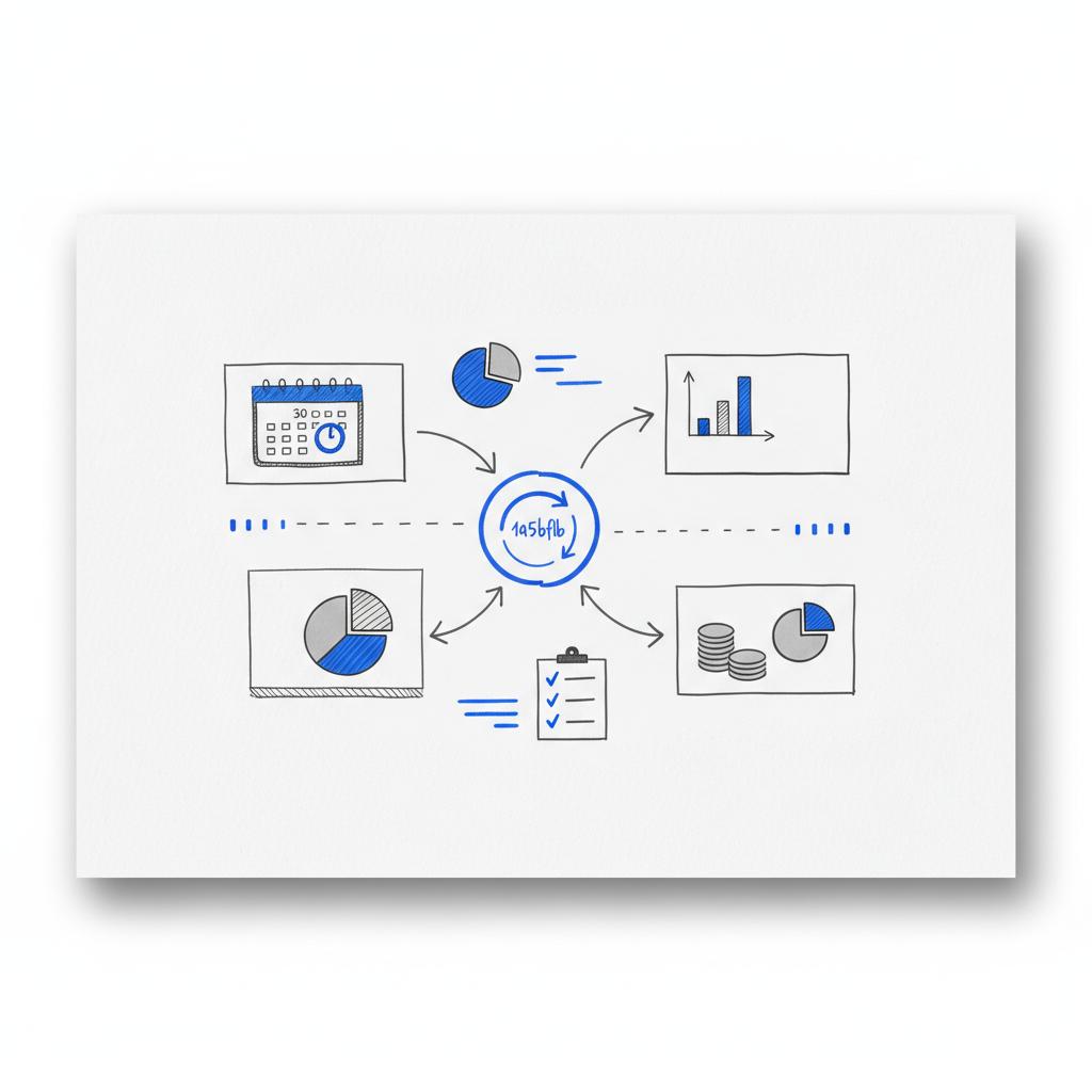 Close-up notebook sketch of a testing-platform workflow with calendar icon (30-day cadence), metrics bar-chart icon, budget coins icon and arrows showing reallocate &mdash; Thumbtack