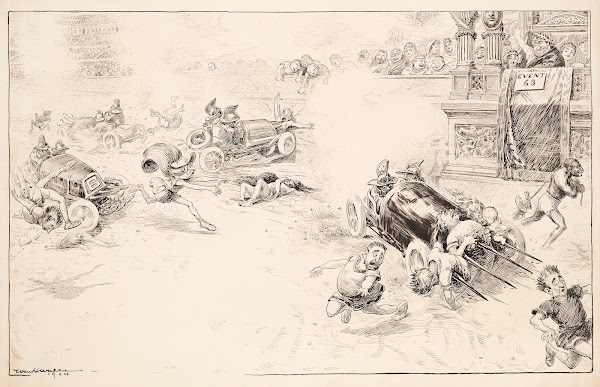 A Roman gladiator match where cars are used as weapons to chase men on foot 1905