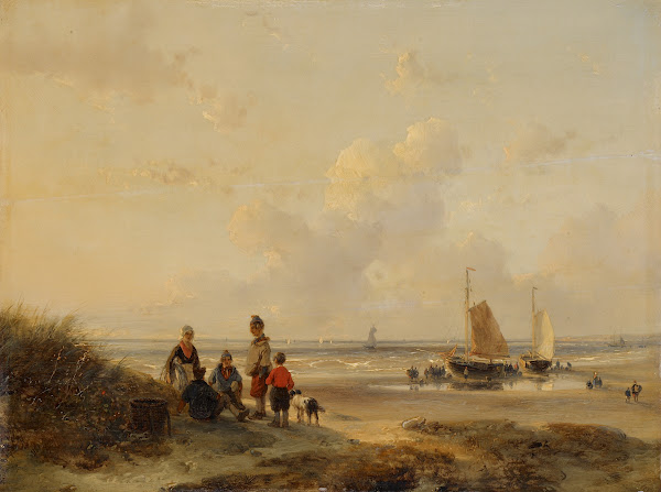 Rustende vissers op een strand bij helder weer 1802  1860