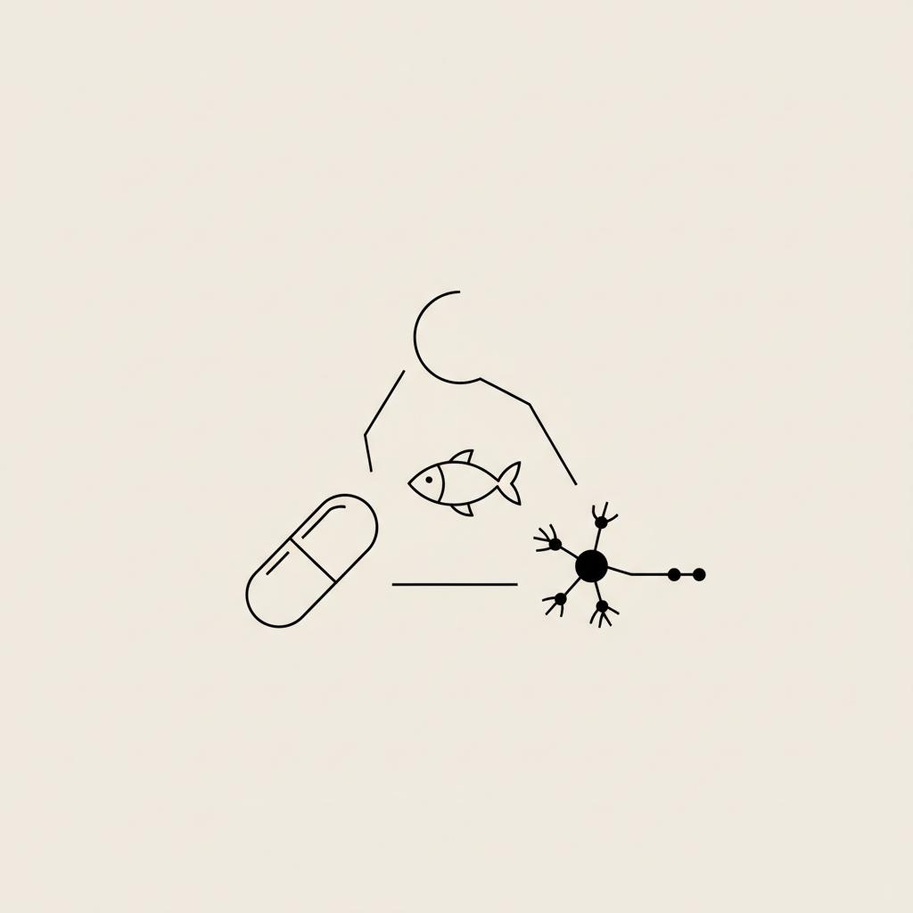 Minimal Tonum-style line illustration of a capsule, a fish outline, and a connected stylized neuron on a beige background, representing taurine and L-taurine.