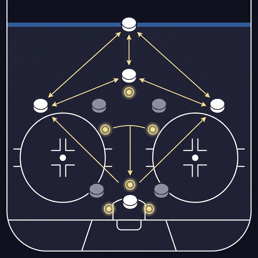 Top down minimalist hockey rink diagram of a 5 on 4 power play showing passing lanes and slot shot locations and highlighting How Special Teams Influence NHL Outcomes