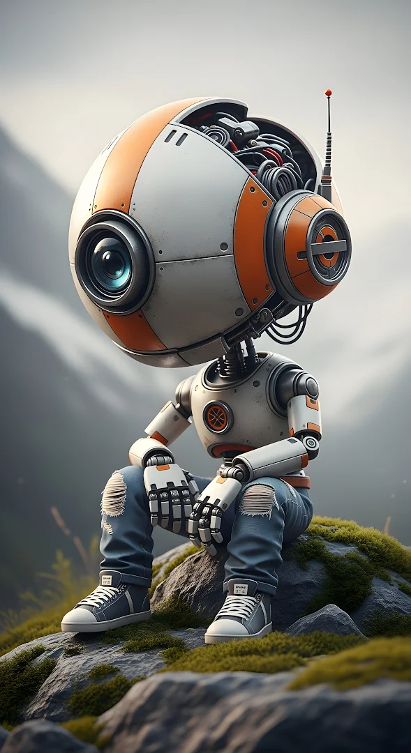 Whimsical Spherical Robot Sitting on a Mossy Mountain Rock