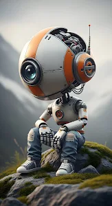 Whimsical Spherical Robot Sitting on a Mossy Mountain Rock