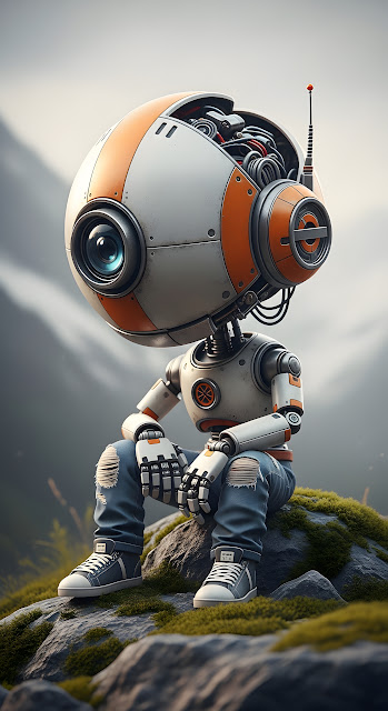 Whimsical Spherical Robot Sitting on a Mossy Mountain Rock - Free mobile Wallpaper