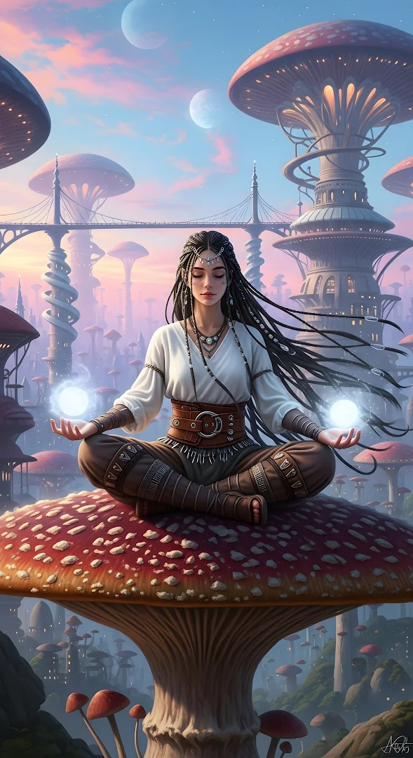 Fantasy Shaman Meditating on Giant Mushroom Cityscape