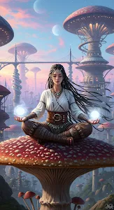 Fantasy Shaman Meditating on Giant Mushroom Cityscape
