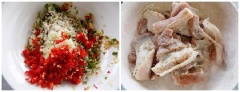 Hành tím, ngò, ớt, tỏi giã nhuyễn. Thịt ba chỉ rửa sạch, thấm khô bằng khăn rồi cắt miếng hơi lớn một chút. Dùng chày dần thịt cho mềm, to bản hơn, khi chiên cũng mềm ngon hơn. Cho thịt vào tô ướp với mước mắm, muối, tiêu, và bột chiên giòn rồi trộn thật đều. Ướp thịt 10 phút cho thấm.