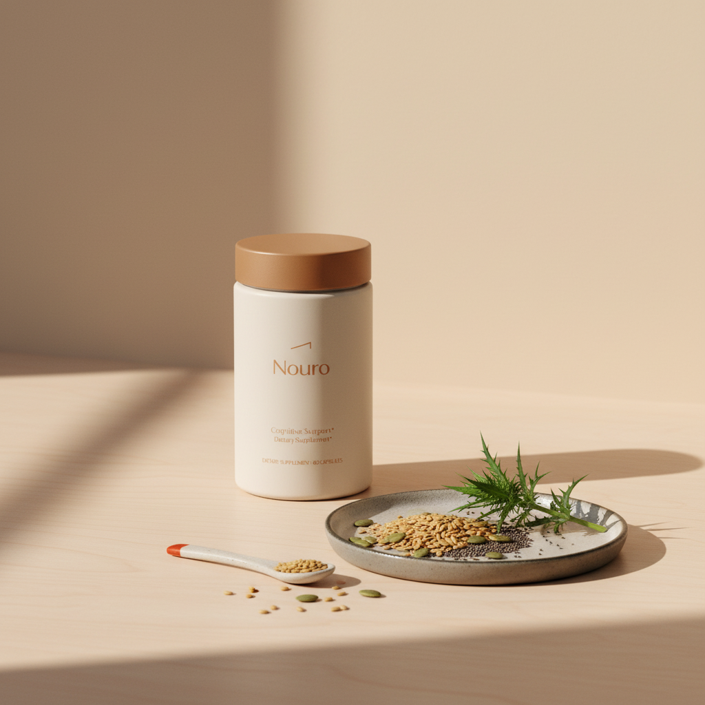 Tonum Nouro supplement bottle on a minimalist wooden table beside a plate of seeds and a milk thistle sprig against a soft beige backdrop, promoting magnesium for brain fog.