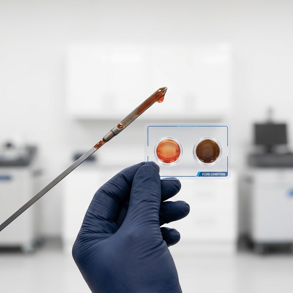 Close up of mechanic gloved hand holding automatic transmission dipstick and fluid sample showing color comparison used toyota sienna for sale