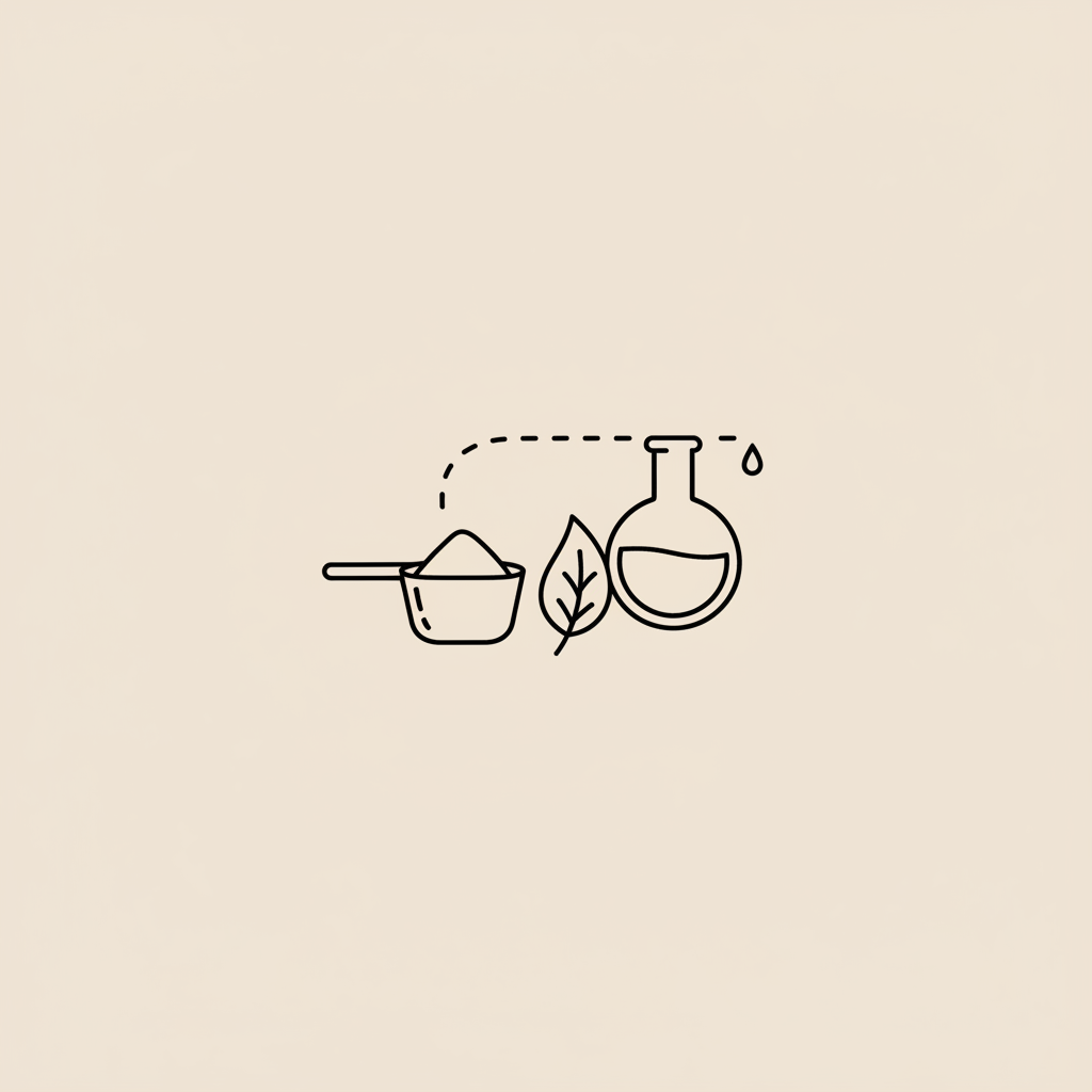 Minimalist Tonum-style vector line illustration of a protein scoop, leaf, and lab flask on a beige background representing protein shakes for weight loss.
