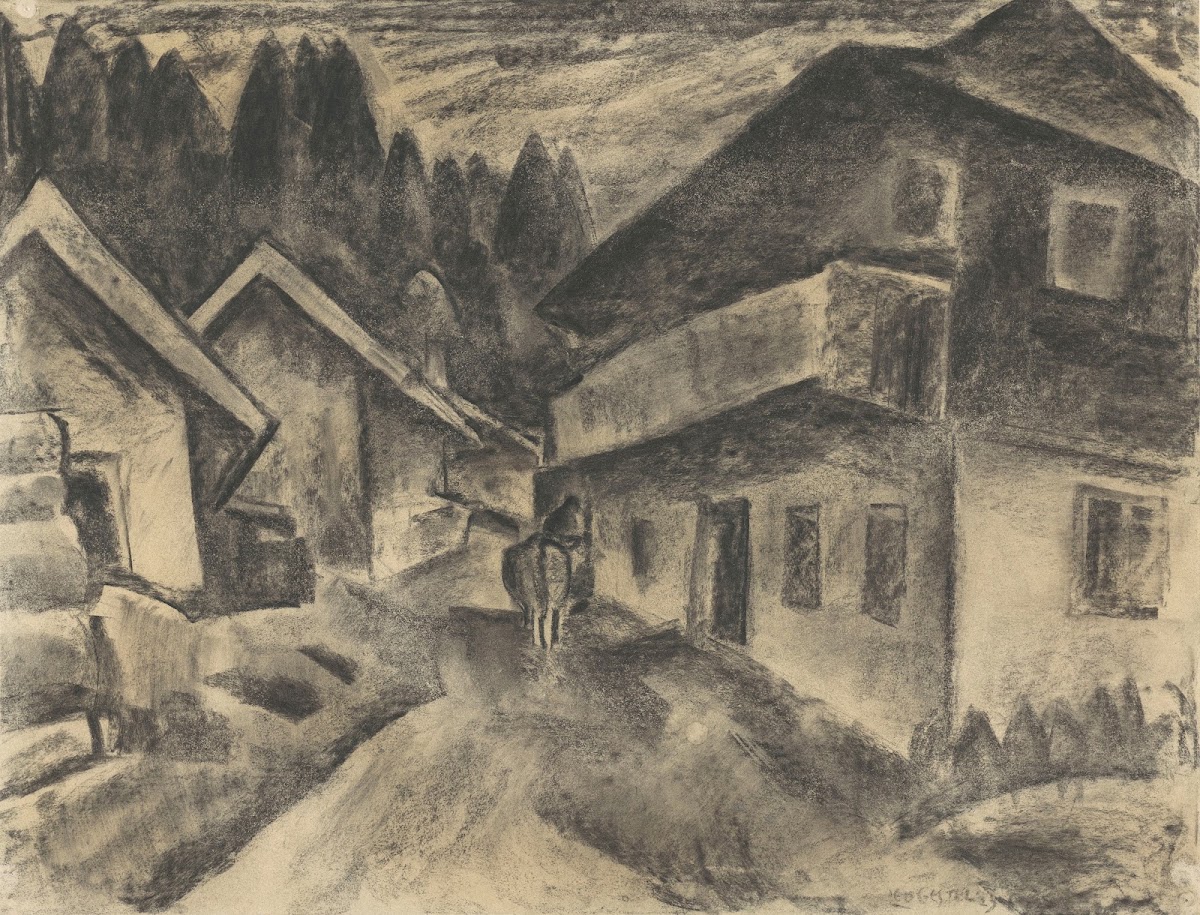 Dorpsgezicht met man met koe op dorpsweg 1923 20th century