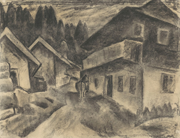 Dorpsgezicht met man met koe op dorpsweg 1923 20th century