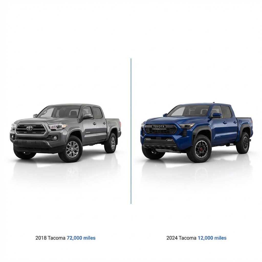 Side by side 2018 Toyota Tacoma and 2024 Toyota Tacoma on white background with model year and mileage captions minimalist CarFax Deals style tacoma trucks for sale