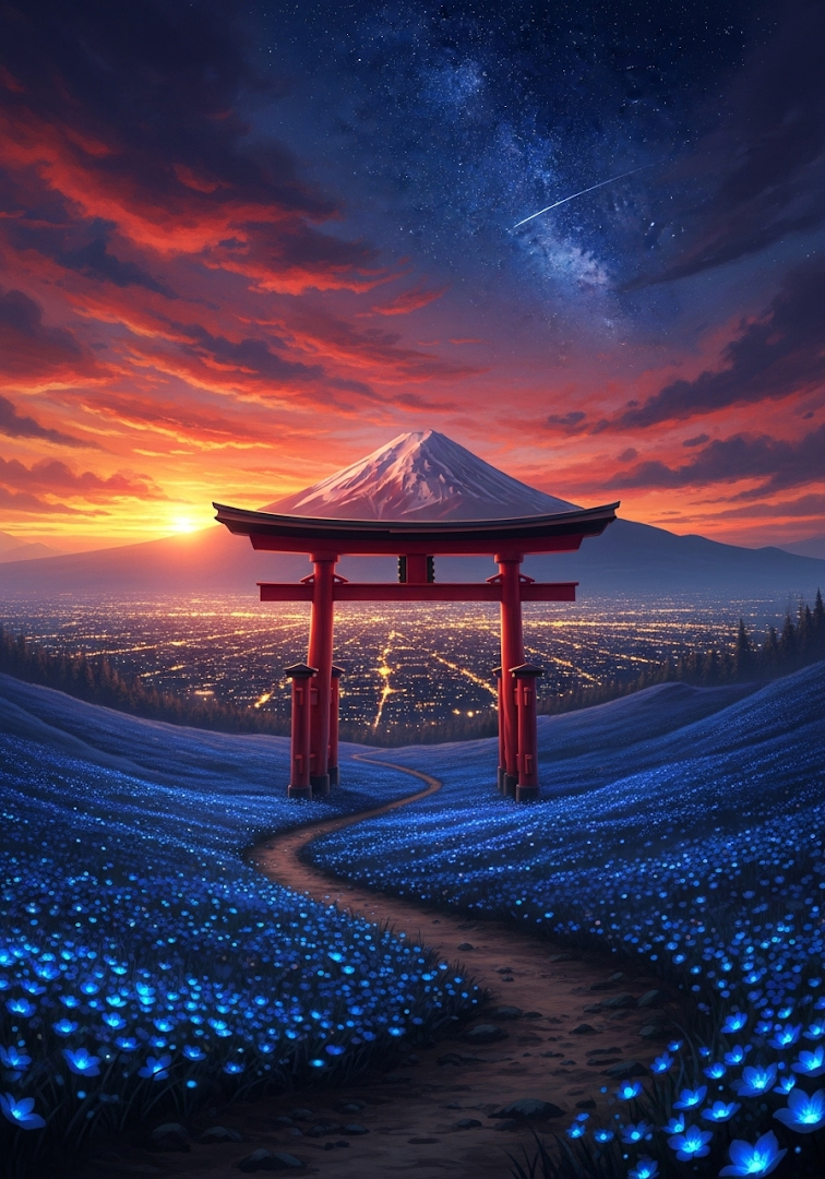 Epic Japanese Torii Gate Mt Fuji Sunset Starry Night