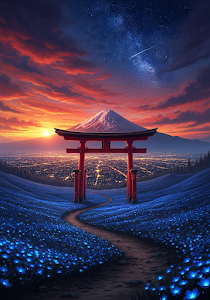 Epic Japanese Torii Gate Mt Fuji Sunset Starry Night