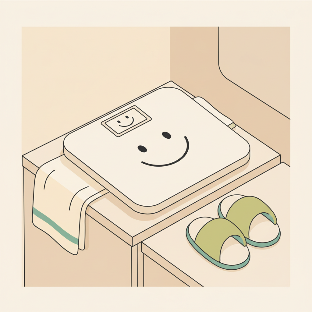 Nahaufnahme einer Waage mit Smiley-Display auf Badezimmerschrank, Pantoffeln und Handtuch in freundlichen Vegardians-Farben – Krafttraining zum Abnehmen