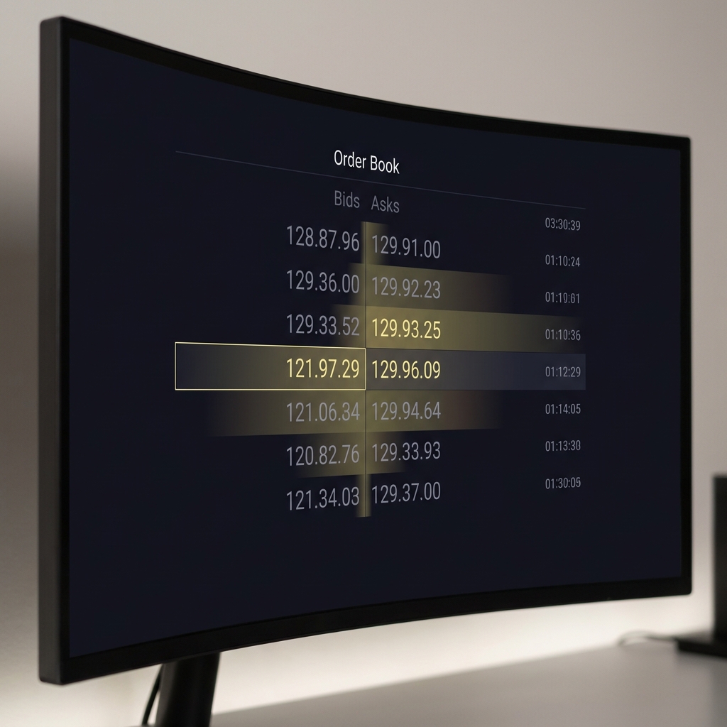 Close up full frame monitor displaying an exchange order book with highlighted depth levels and timestamps in Funded Plays brand colors minimalist layout for sharpest sportsbooks