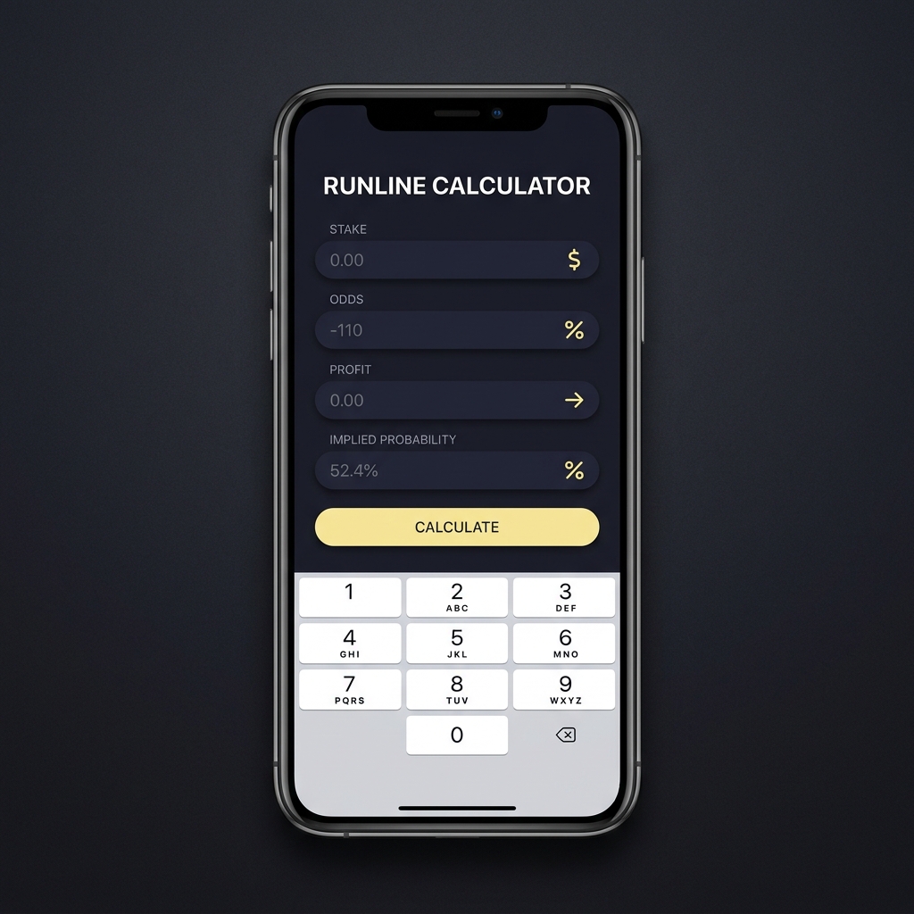 Runline calculator on a phone screen showing stake odds profit and implied probability fields in Funded Plays minimalist dark UI