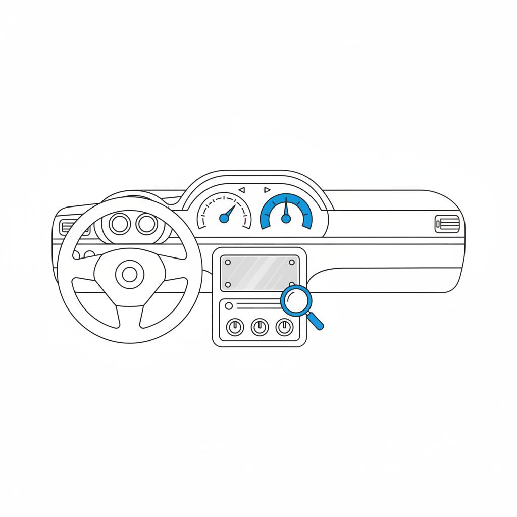 Minimal 2D vector interior view of a Dodge Charger dashboard and odometer with a visible VIN plate implying inspection and history checking dodge charger for sale