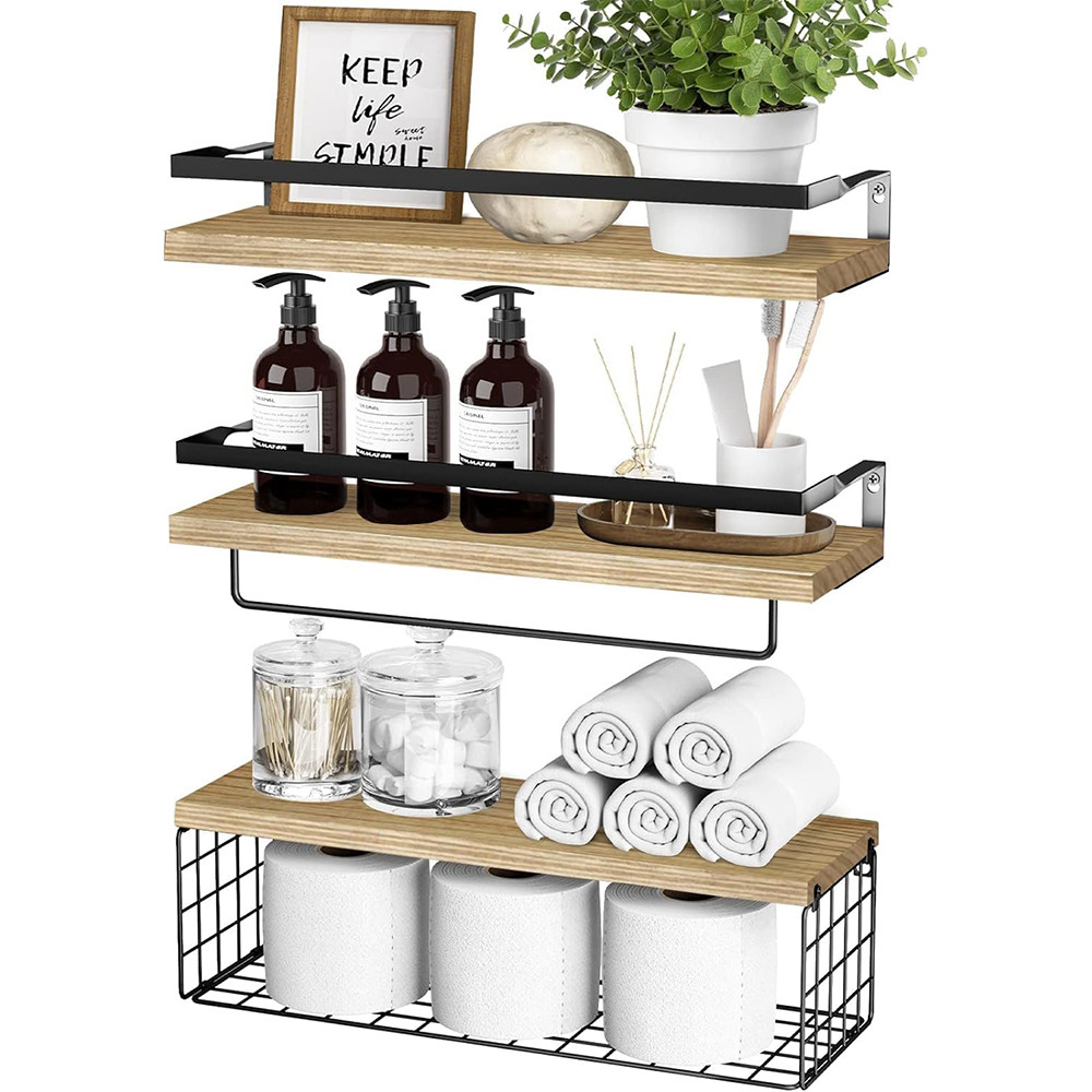 Wooden wall shelf, modern design, multilayered