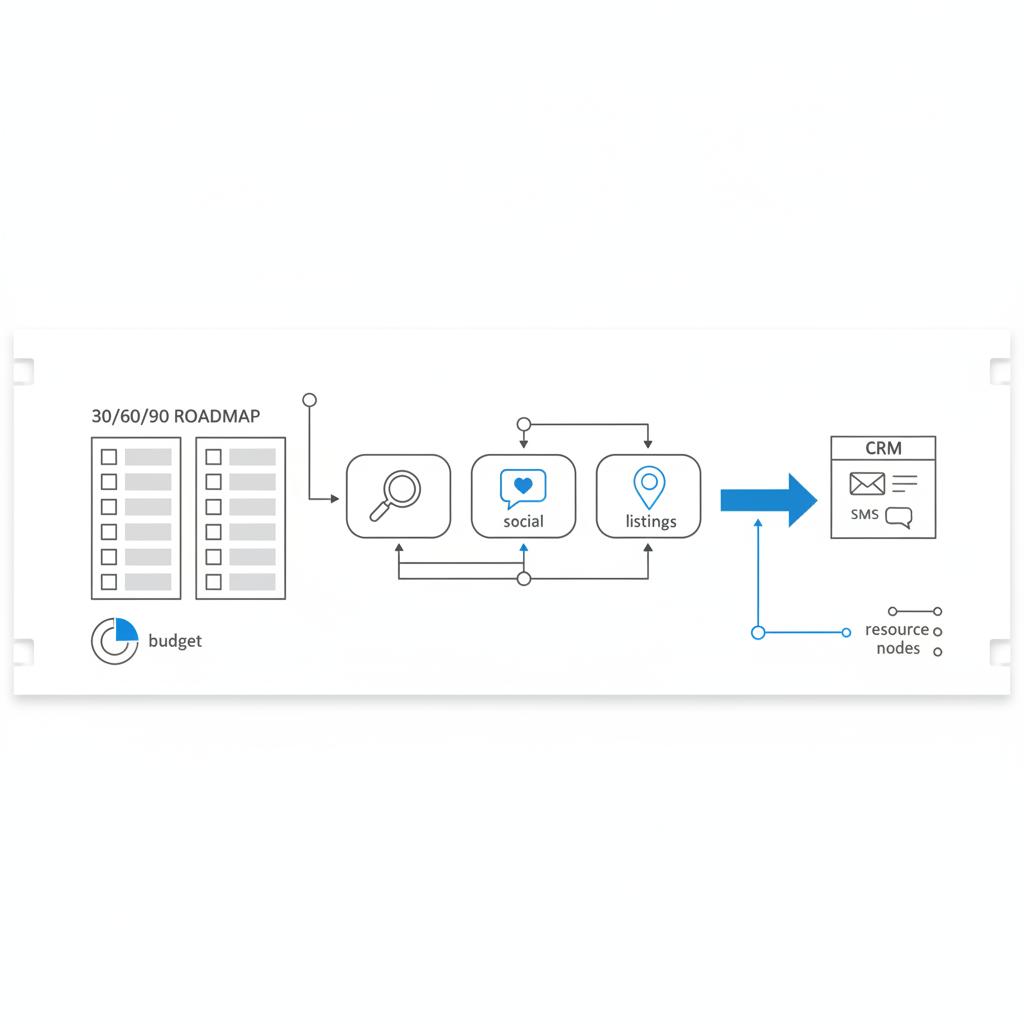 Minimalist 2D vector strategy sketch showing a 30/60/90 roadmap, search, social and listings campaign icons connected by arrows to a CRM with automated email and SMS to advertise a property management company