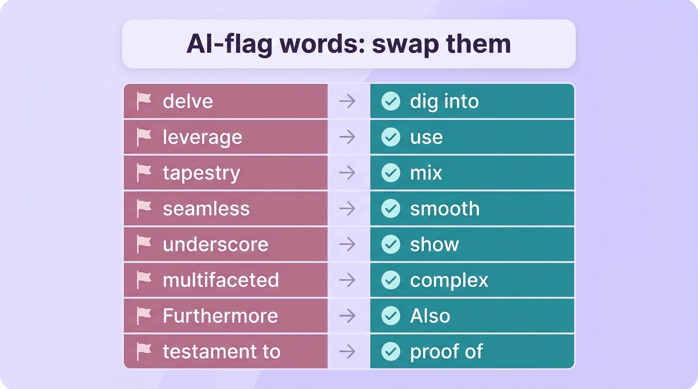 AI-flag words and simple swaps: delve to dig into, leverage to use, tapestry to mix, seamless to smooth