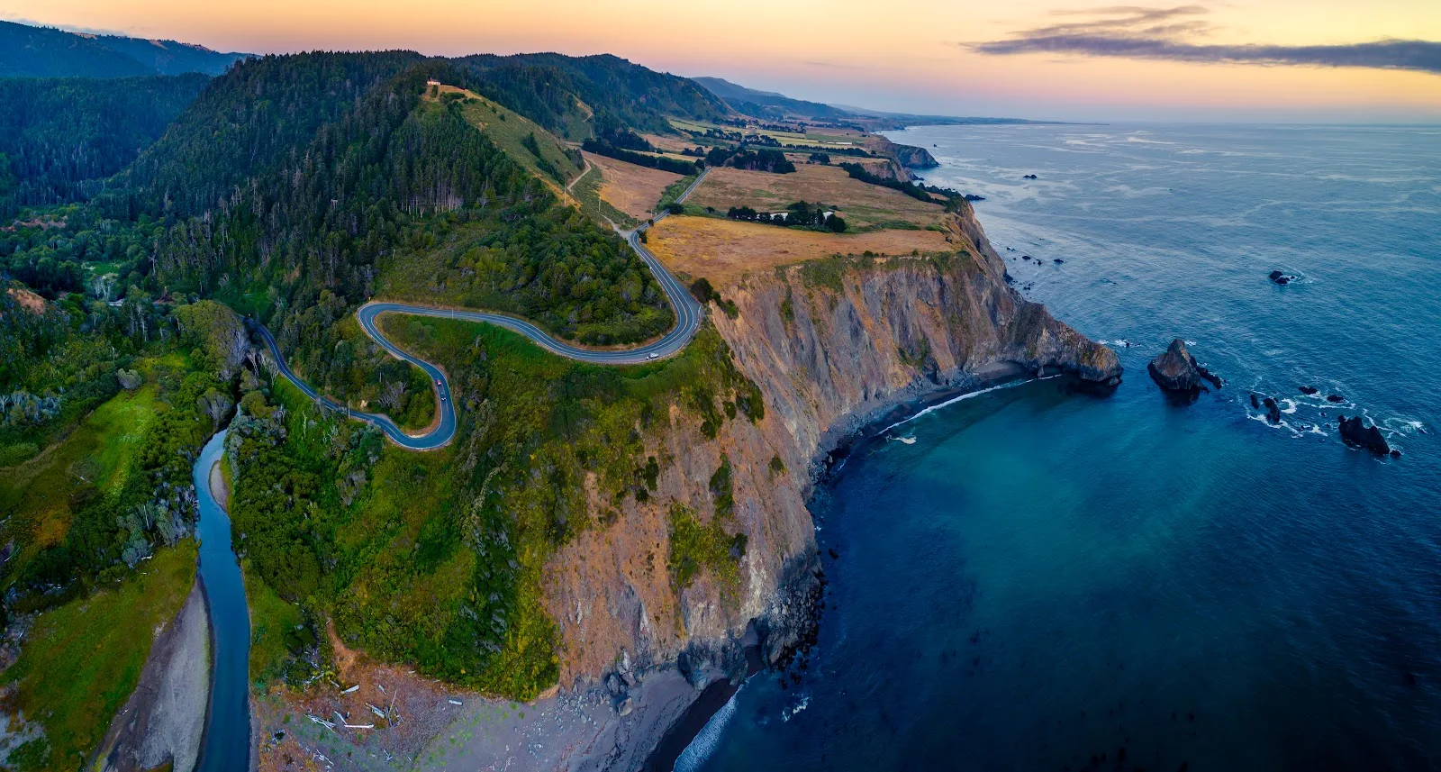 Coastal Highway Cliffside Sunset View - Drone Photography 5K Wallpaper (6144x3289)