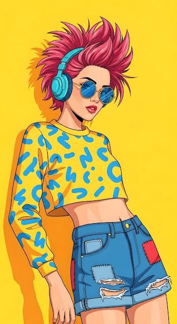 Vibrant 90s Pop Art Girl with Pink Hair and Headphones - Free mobile Wallpaper