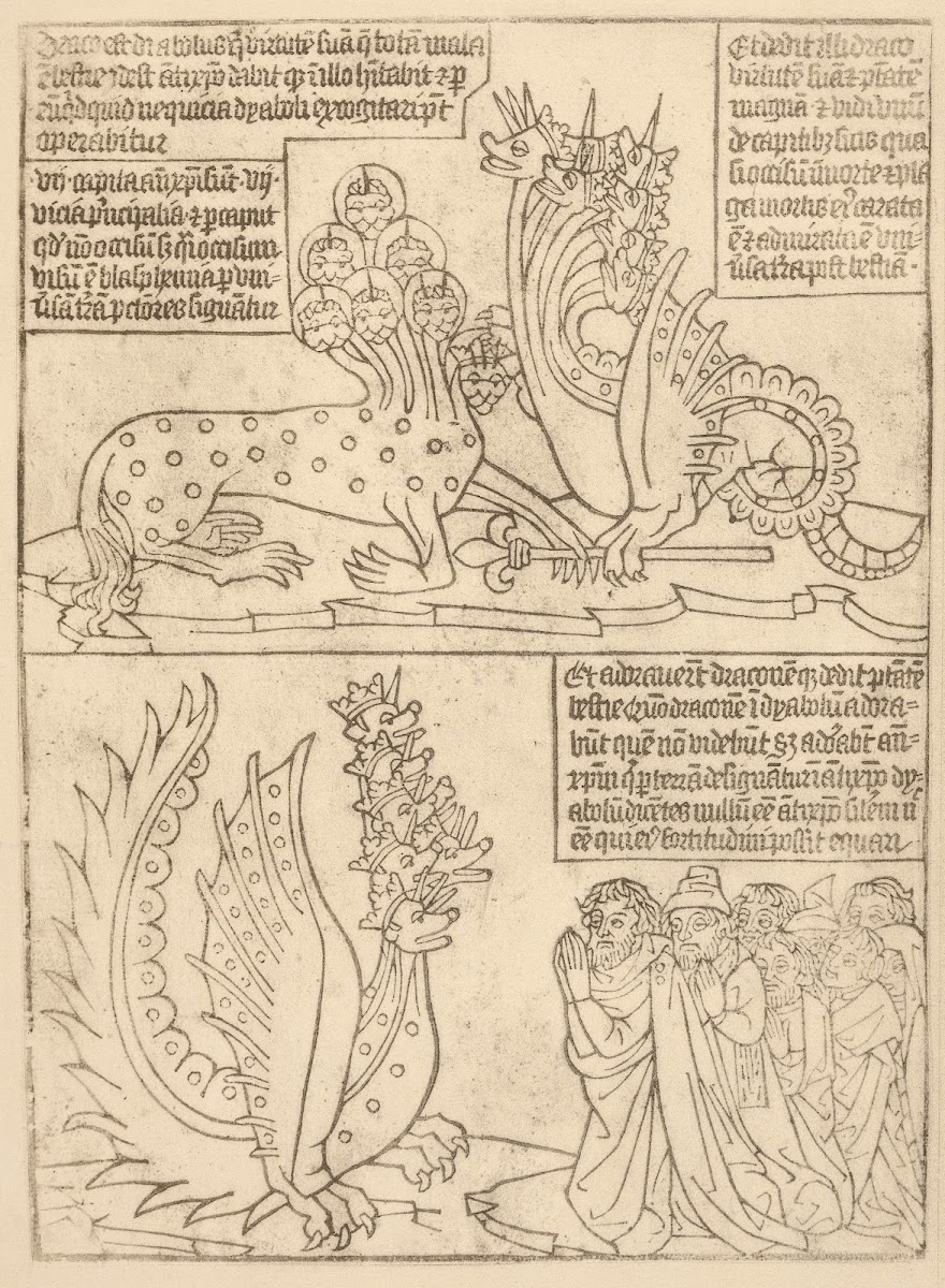Three scenes with seven headed dragons one scene of angels