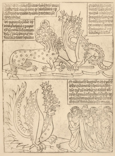 Three scenes with seven headed dragons one scene of angels