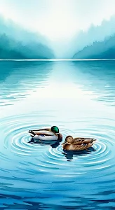 Watercolor Mallards Floating on Serene Blue Lake Painting