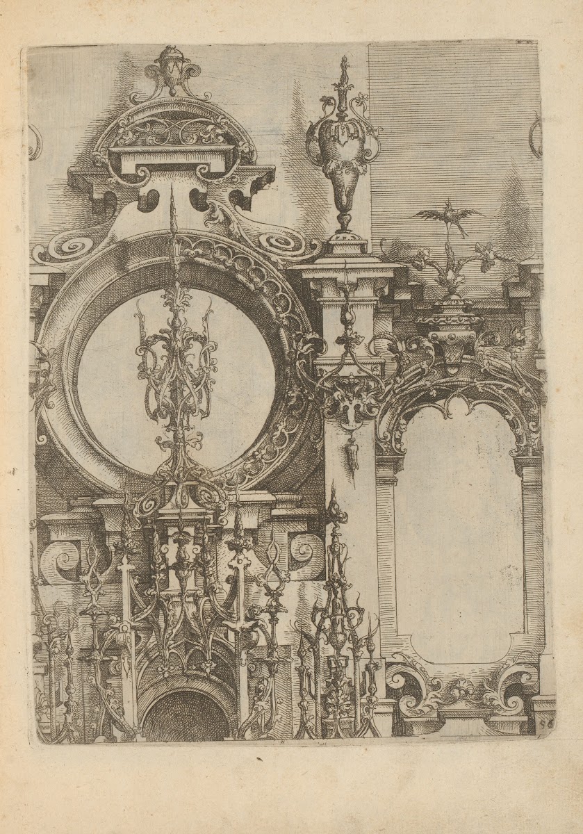 Two windows decorated with foliage and Gothic shapes 1593 1595