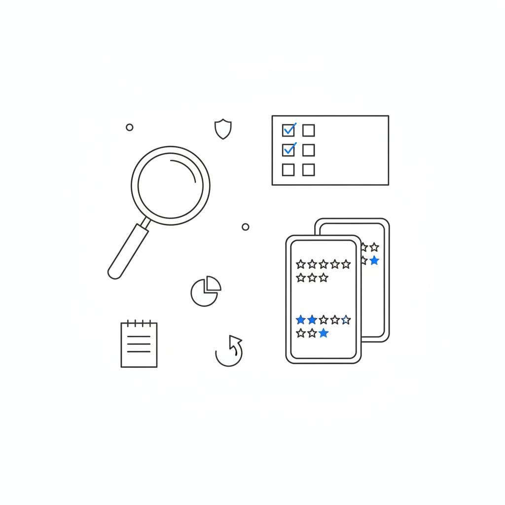 Minimal 2D vector flat-lay notebook sketch of a magnifying glass, checklist, smartphone silhouettes with star ratings, and a notepad with blue checkmarks representing trustworthy review sites