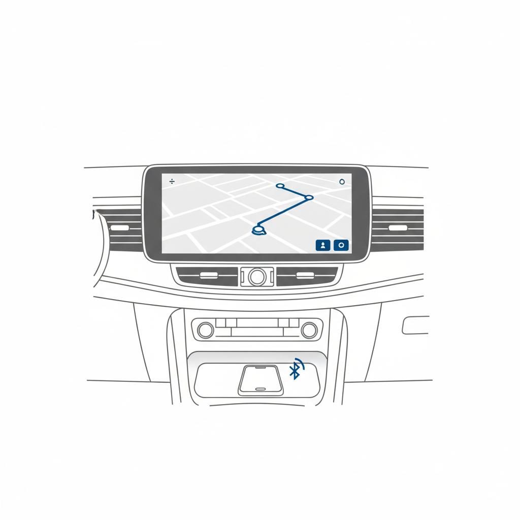 Minimalist 2D vector interior of an SUV center display showing navigation and a paired phone Bluetooth indicator volvo xc90 for sale