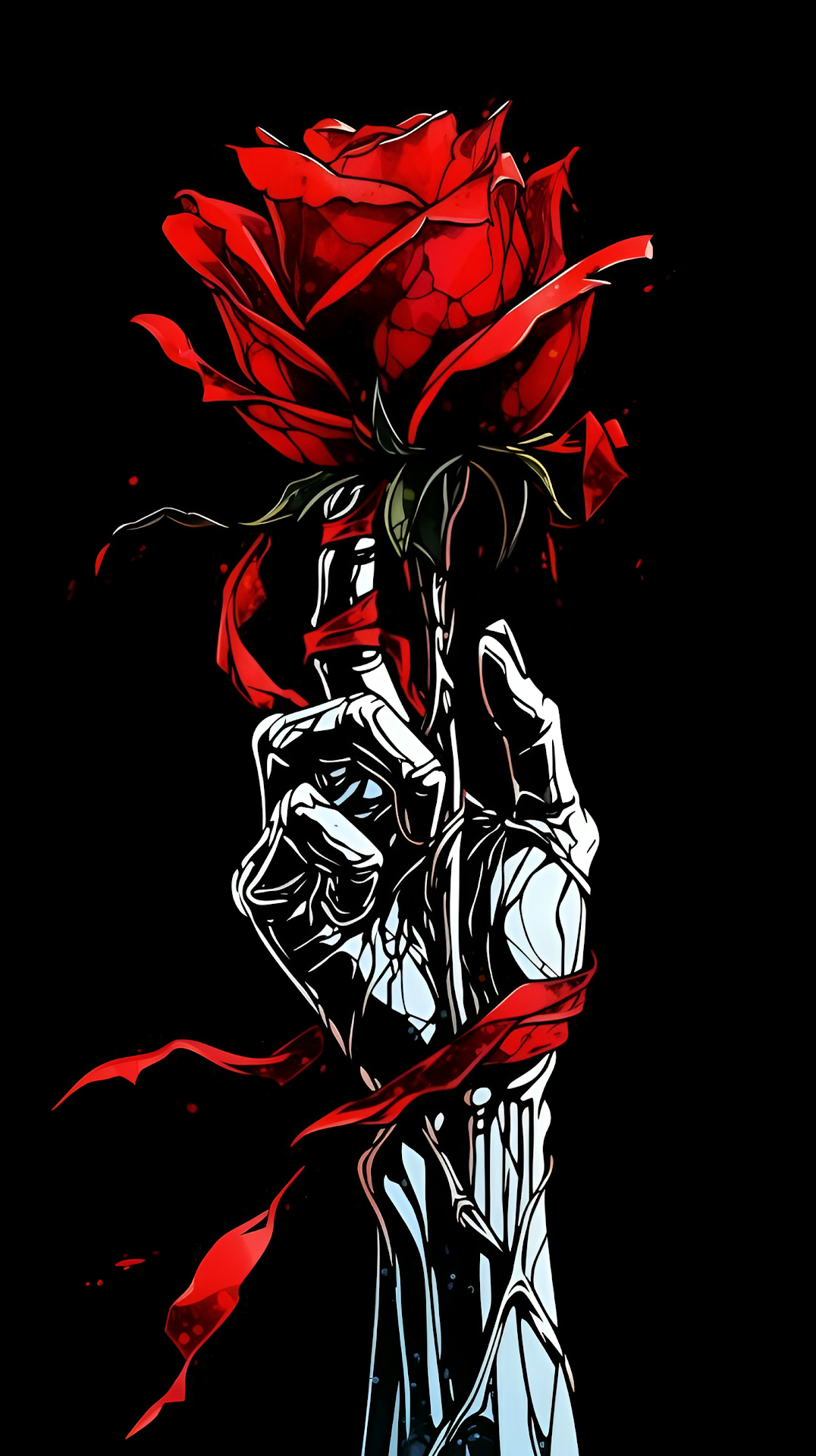 Skeletal Hand Holding Red Rose Dark Graphic Art - Free 4K mobile Wallpaper