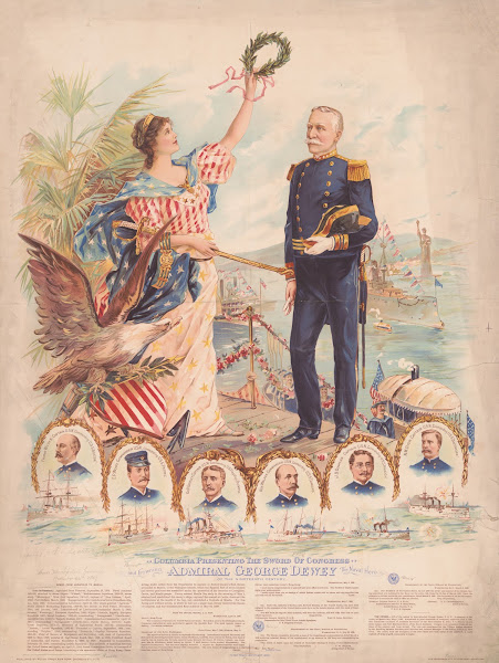 Columbia presenting the sword of Congress and crowning Admiral George Dewey the