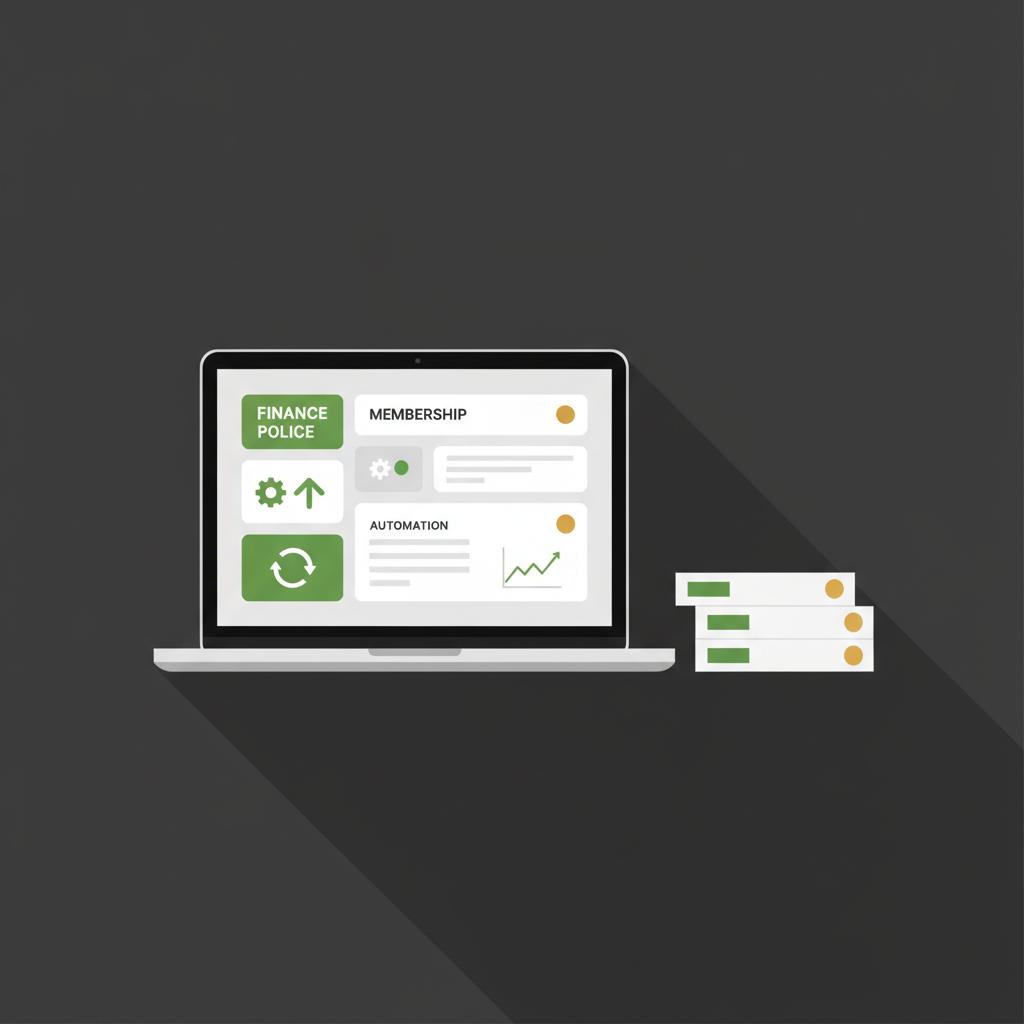 Minimalist 2D vector of a laptop showing a membership dashboard and a stack of digital product boxes symbolizing business for passive income in Finance Police brand colors