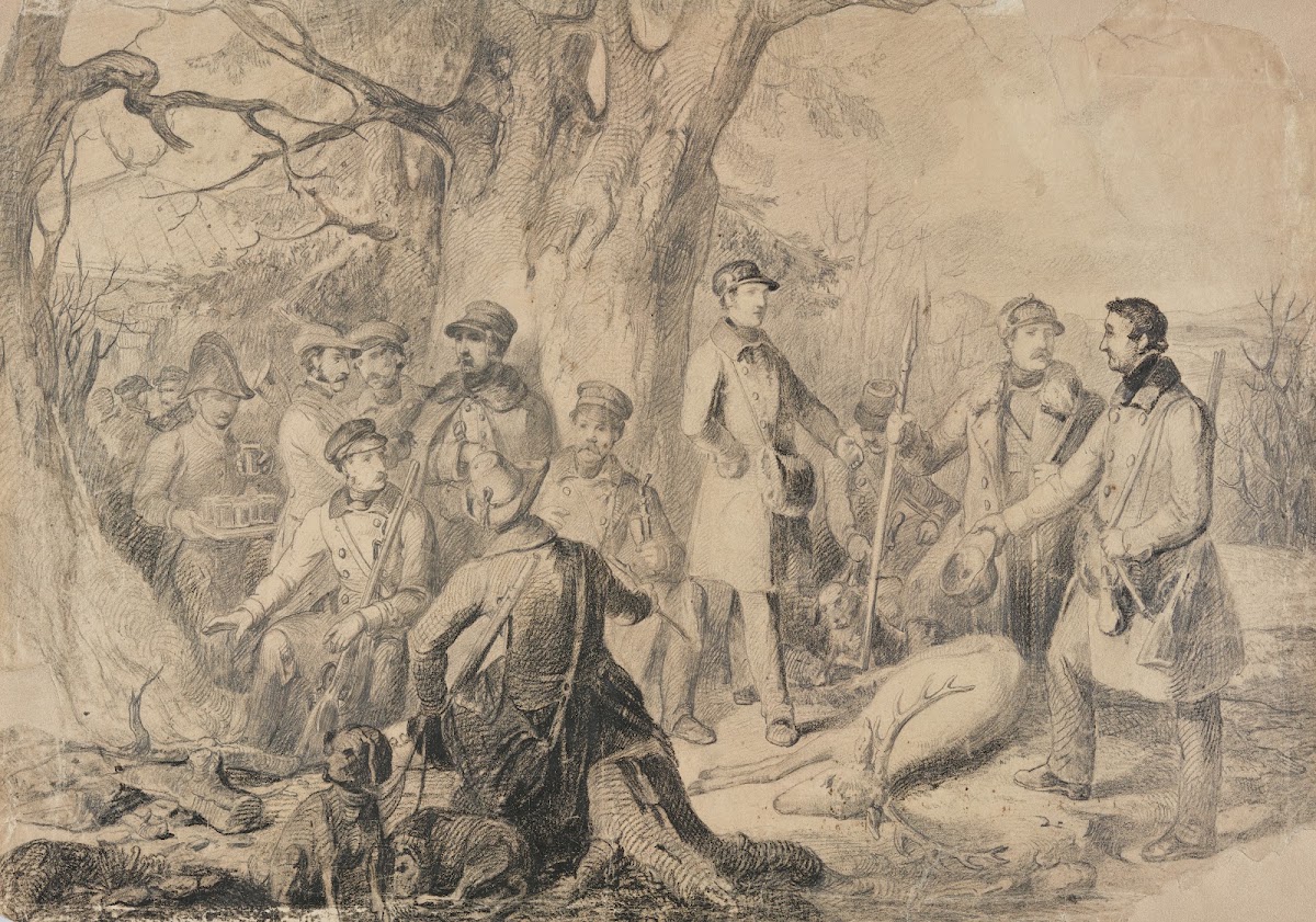 Grand ducal hunting party with shot deer preparatory sketch before 1842