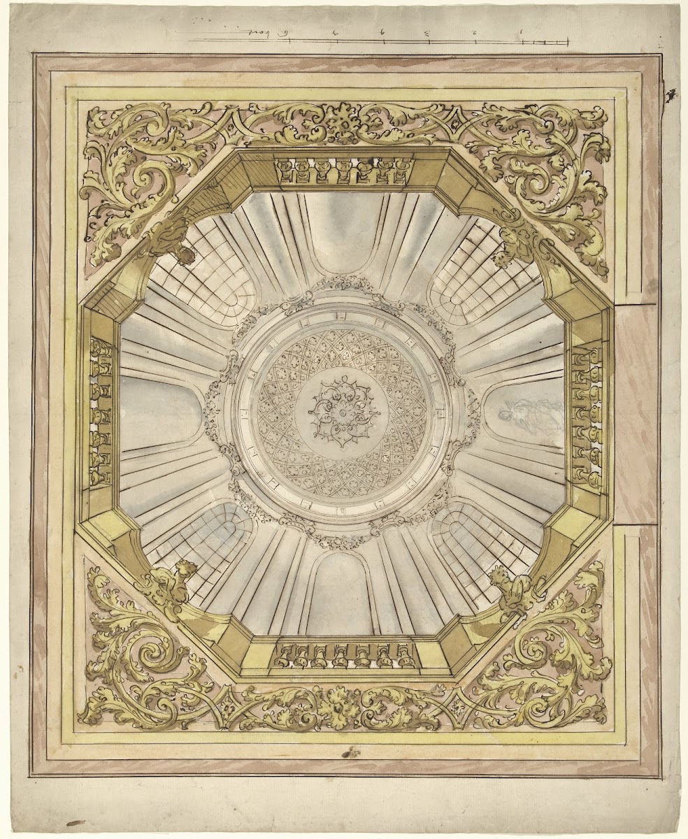 Ontwerp voor een plafondschildering met illusionistische koepelgewelf waarin een