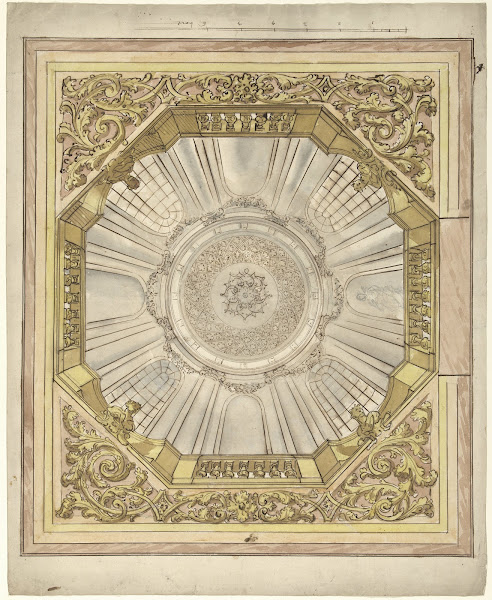 Ontwerp voor een plafondschildering met illusionistische koepelgewelf waarin een