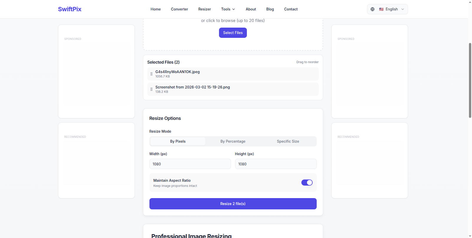 SwiftPix image resizer showing Instagram post size 1080x1080 pixels free 2026