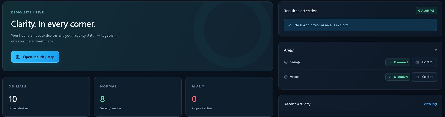 The SecurityEdge View dashboard with linked, normal and alarm totals and area controls