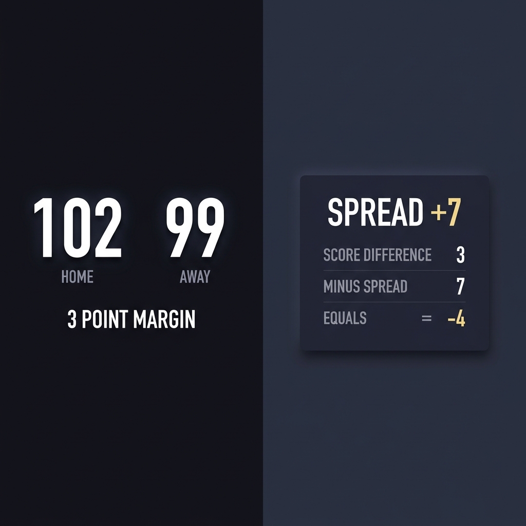 Split scoreboard showing a 3 point final margin beside a highlighted 7 point spread calculation illustrating covering the spread in Funded Plays brand style