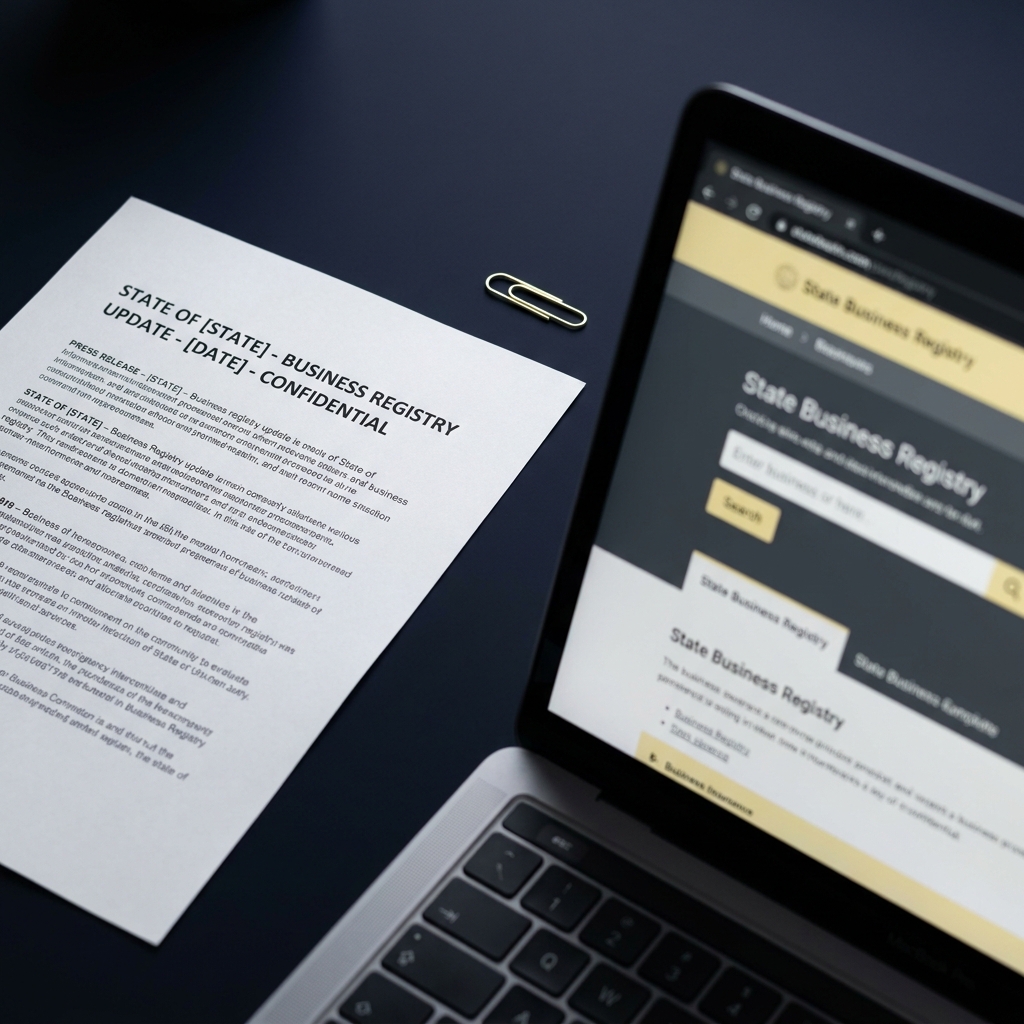 Close up of printed press release next to laptop showing state business registry page on dark navy desk minimalist layout and colors mariners astros prediction