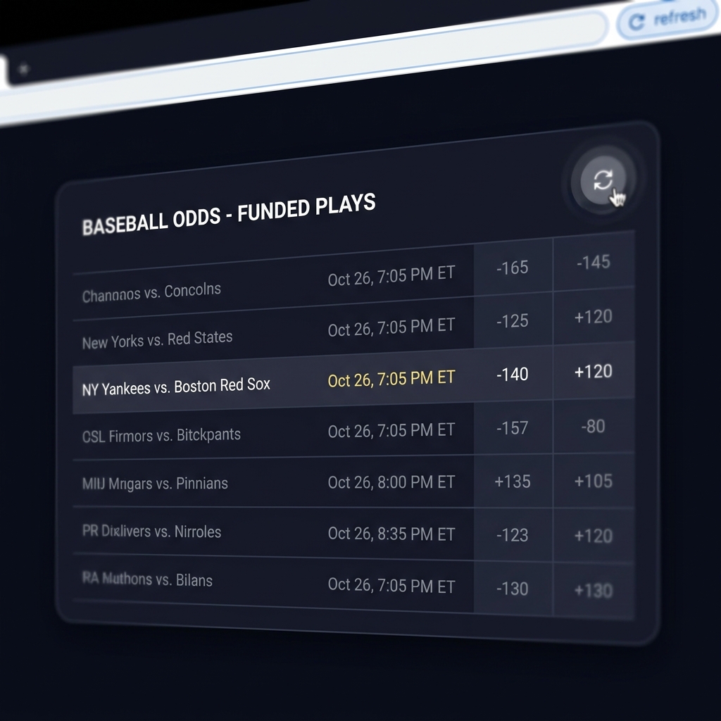 Close up of online odds table with visible timestamps and a browser refresh action in Funded Plays style donbest mlb