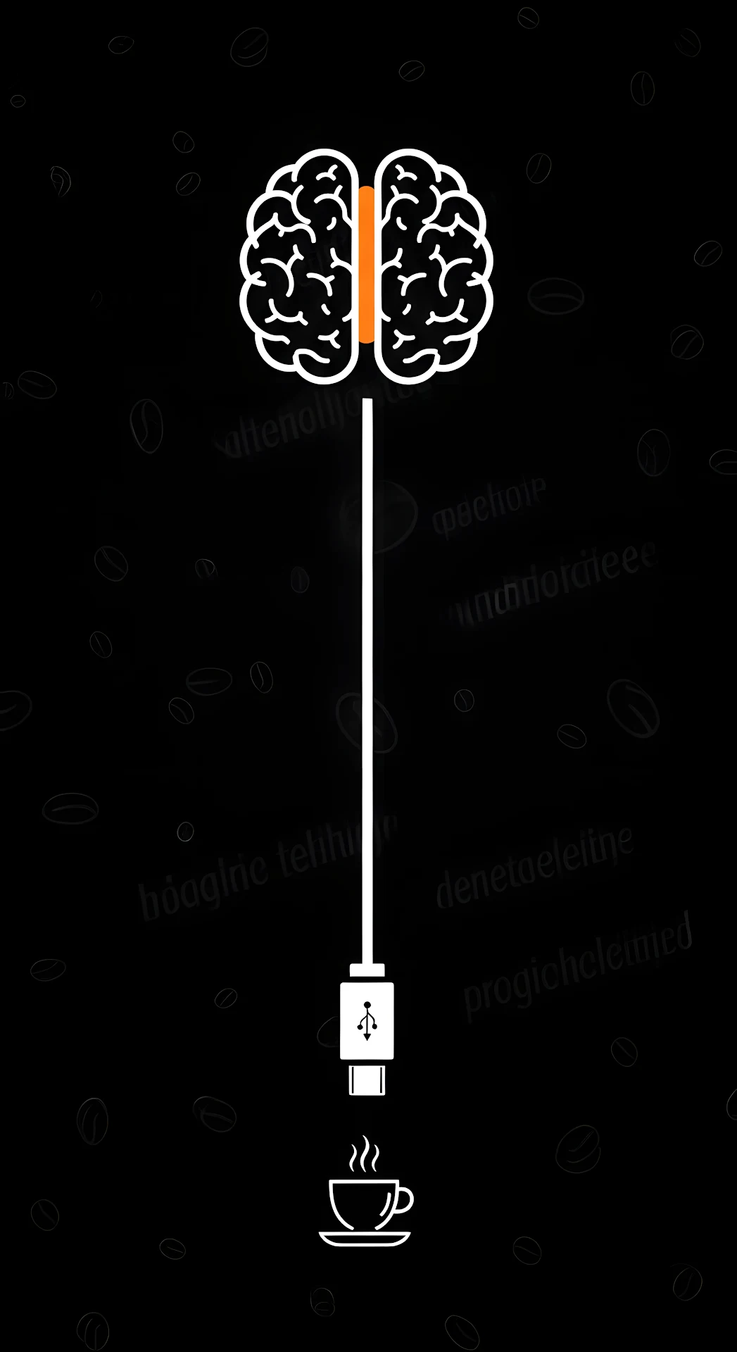 Abstract Graphic Illustration of a Brain Charging via USB-C Coffee Connector on Black - Free 4K mobile Wallpaper